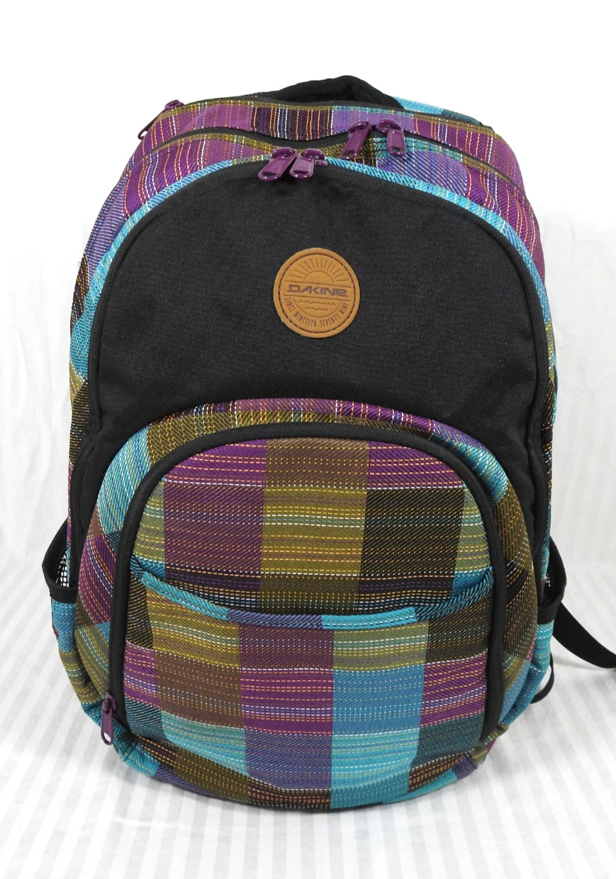 Dakine Plaid Canvas Laptop Backpack. Purple, Turquoise, Olive Green. EVE 28L