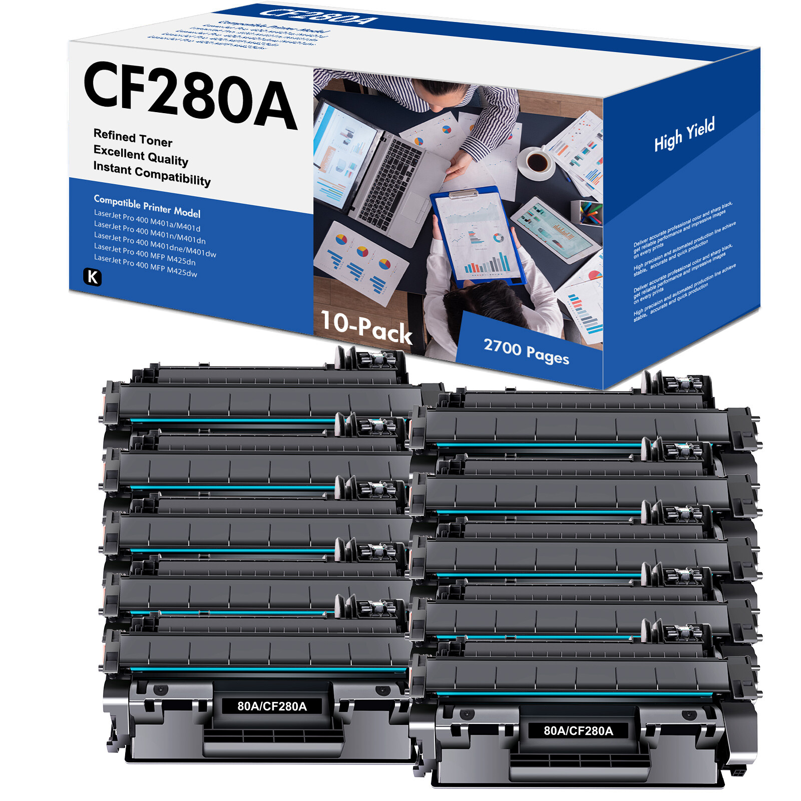 10 PACK CF280A 80A Toner Cartridge For HP LaserJet Pro M401dw M425dn M425dw