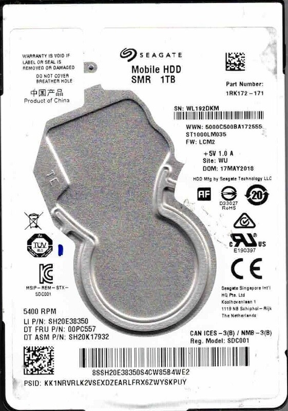 ST1000LM035 P/N: 1RK172-171 F/W: LCM2 WU WL19 MAY 2018 Seagate 1TB