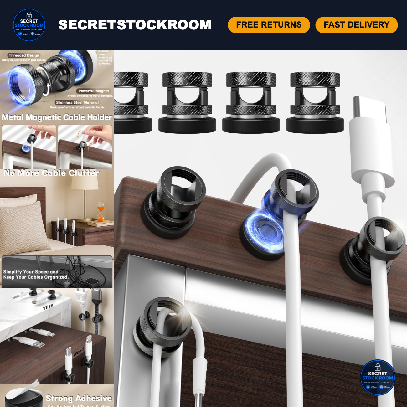 8 Pack Magnetic Cable Holders - Desk Cord Anchors, Metallic Black Organizers