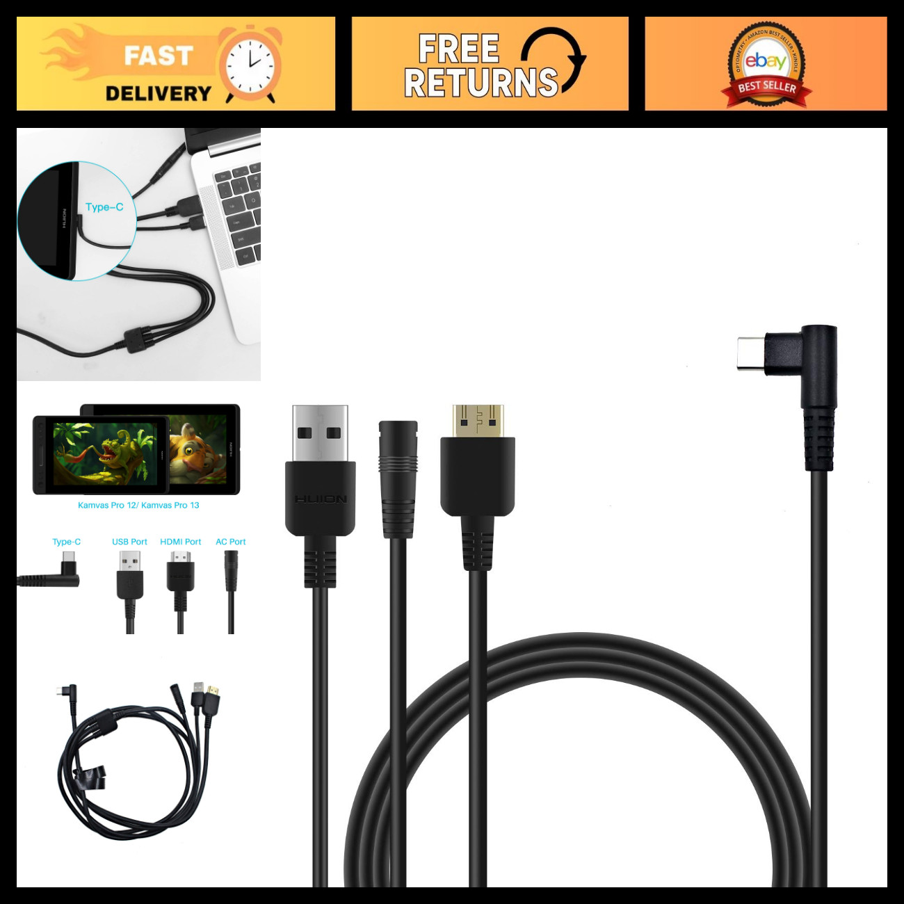3-in-1 Cable for Graphics Tablets, USB to HDMI & Power Adapter, High-Speed Data