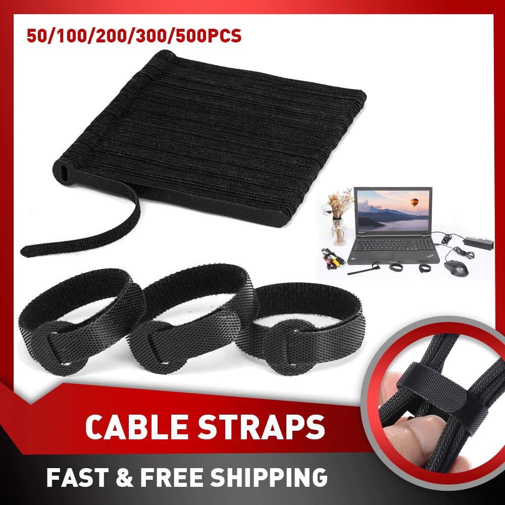 50Pcs Cable Straps Wire Cord Hook Loop Ties Black Reusable Fastening Organizer