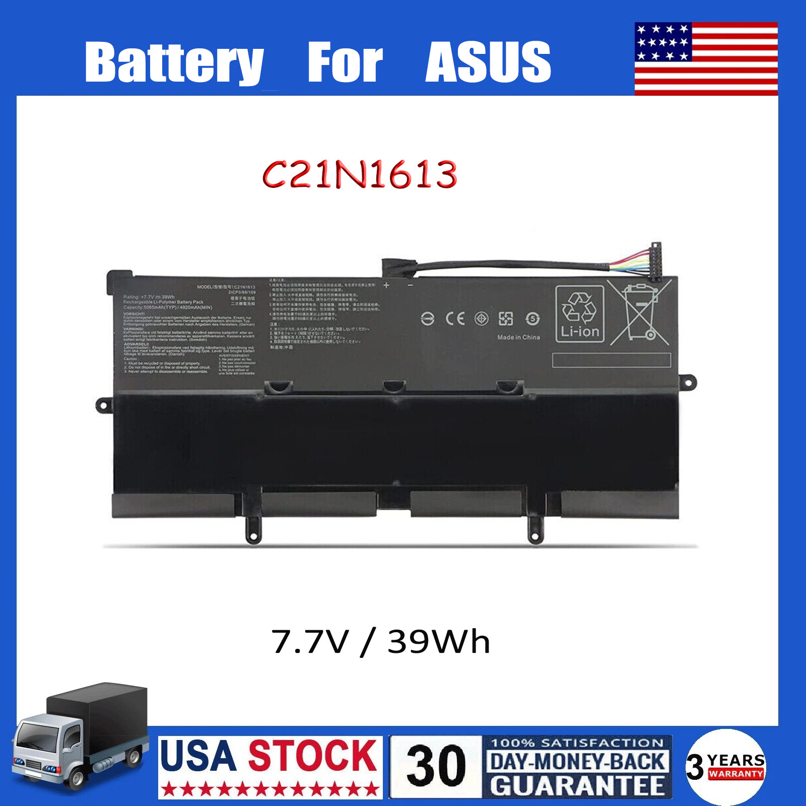 39Wh C21N1613 Battery For Asus Chromebook Flip C302C C302CA-DHM3-G C21PQC5 USA
