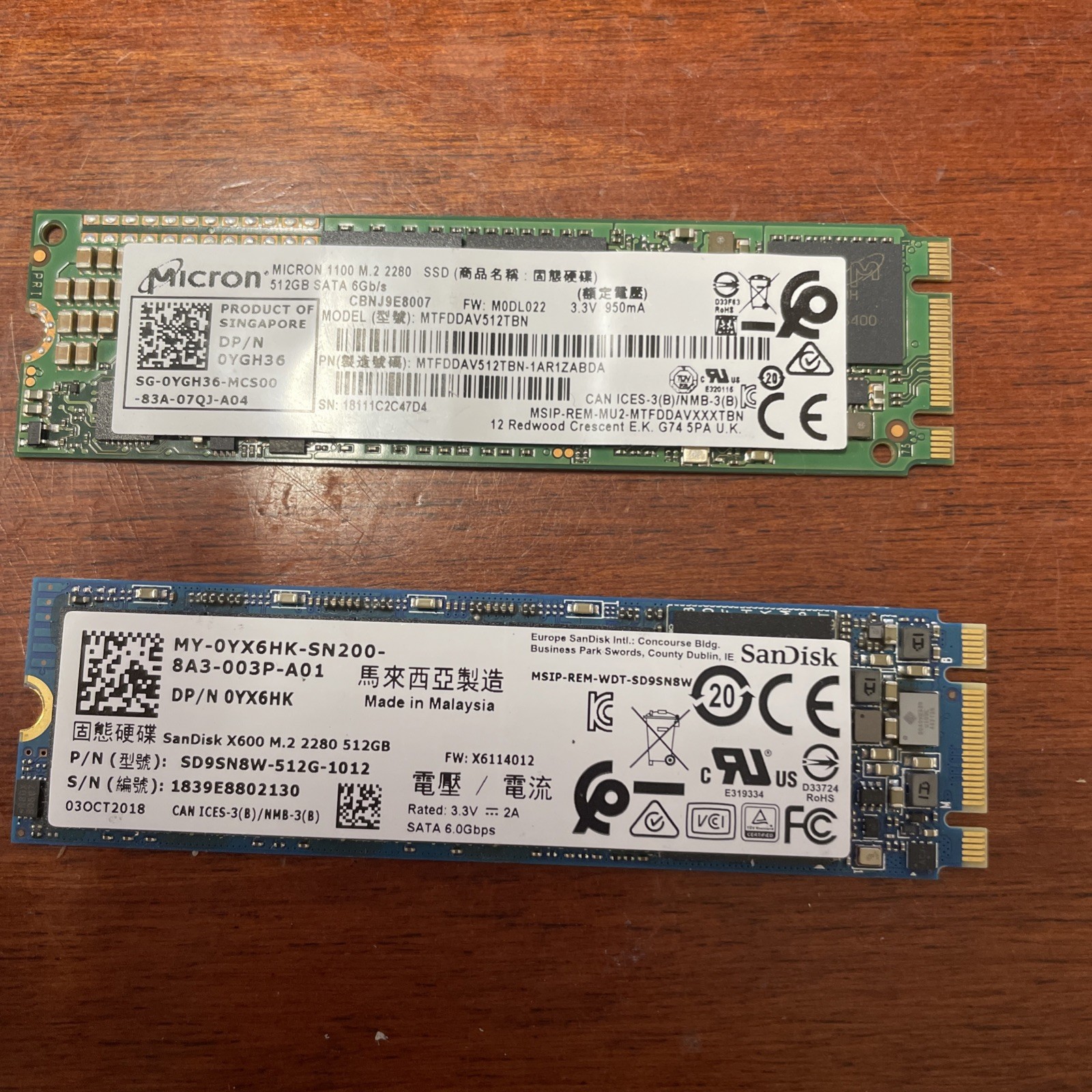 Micron And SanDisk 512GB SSD M.2 2280 Solid State Drive Mixed Lot of 2