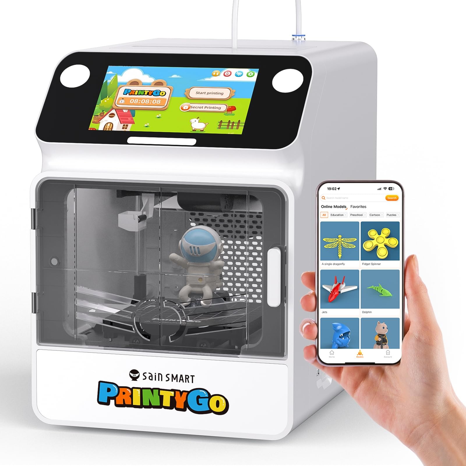 SainSmart PrintyGo Mini 3D Printer for Kids, 600mm/s Auto Leveling Printer fo...