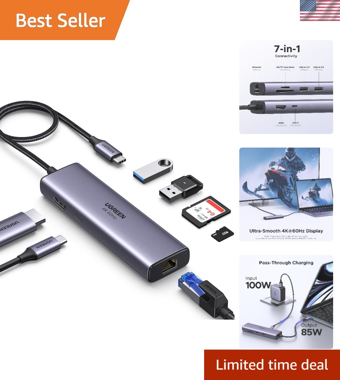 Elegant 7-in-1 USB-C Hub with 4K@60Hz HDMI & Gigabit Ethernet Connectivity