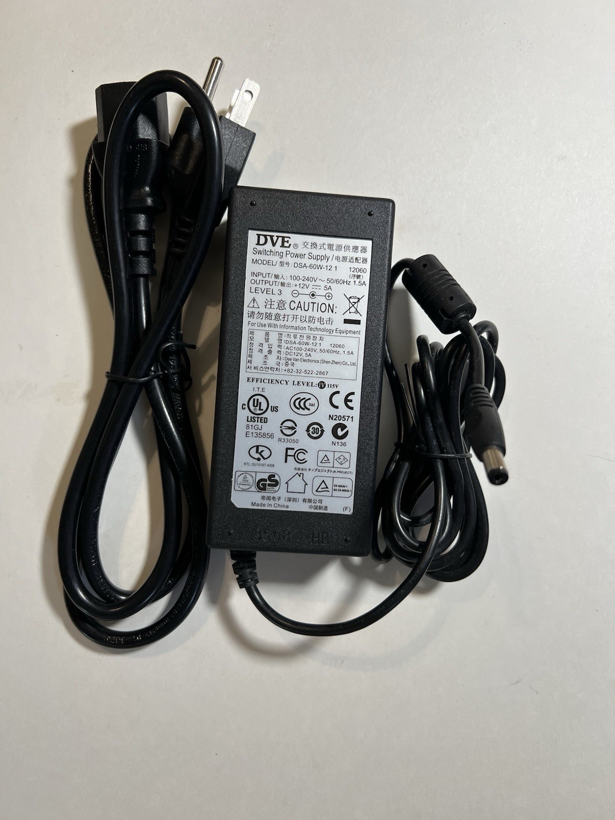NEW Genuine DVE DSA-60W-12 1 12060 Switching Adapter 12V 4A Level IV