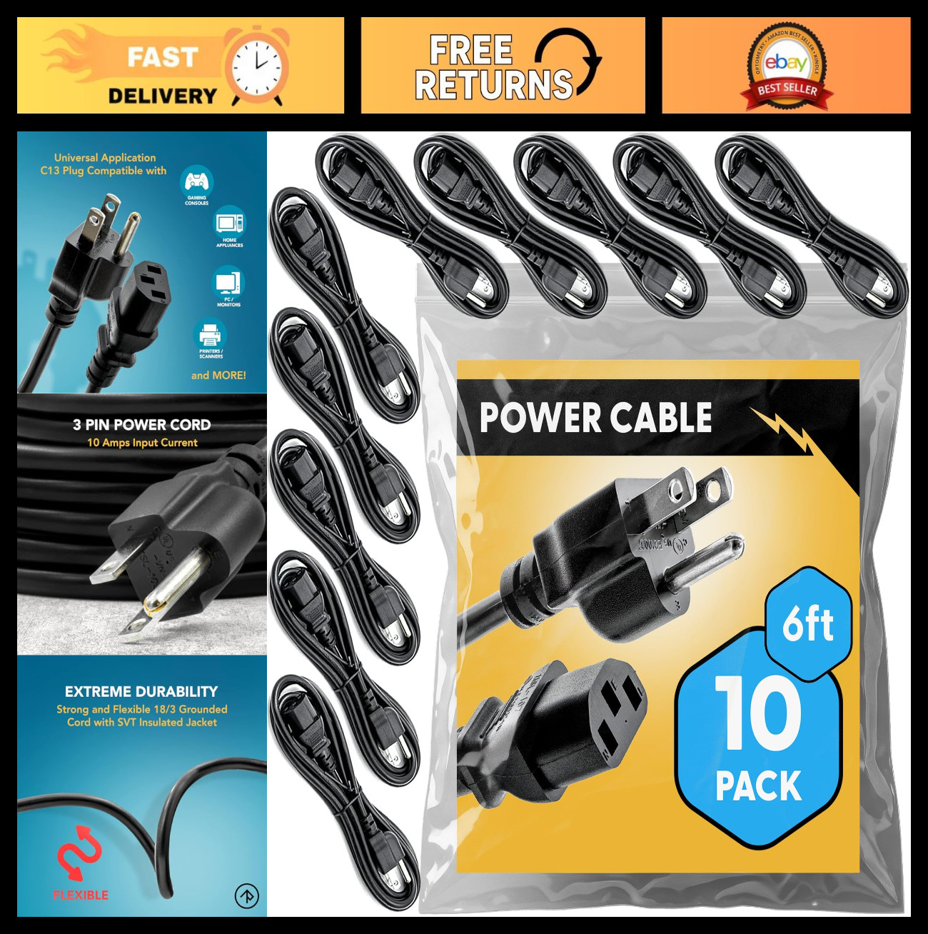 6ft Universal Power Cord (10 Pack) - IEC C13 to NEMA 5-15P for Monitors & IT - 1