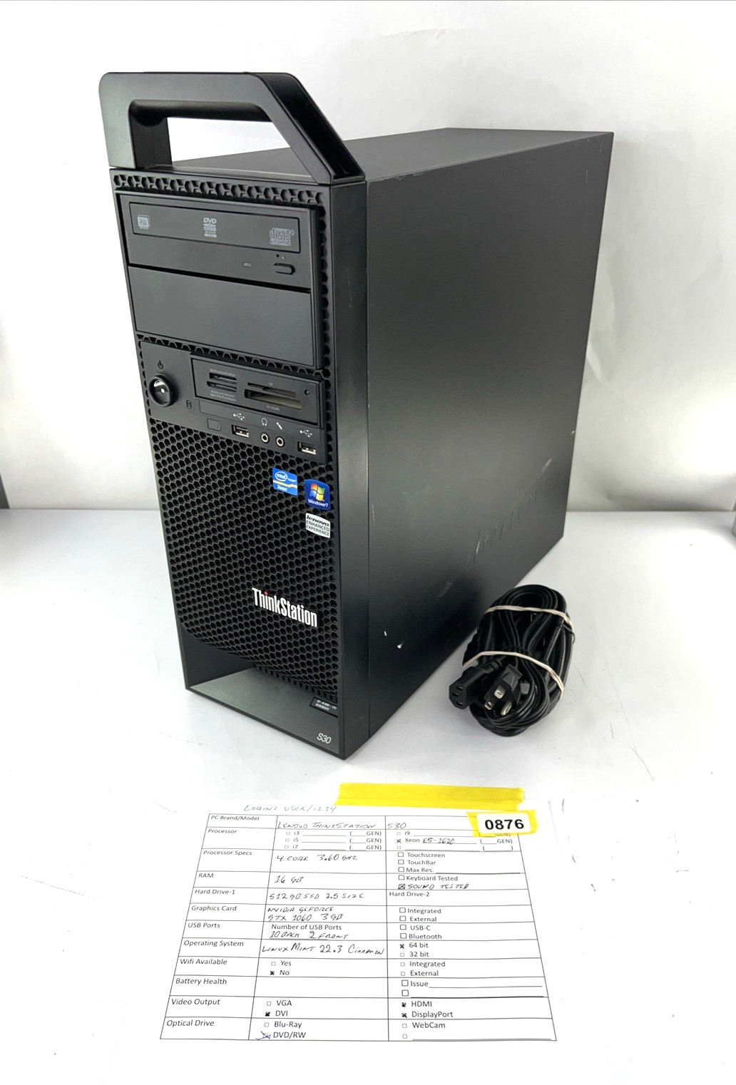 Lenovo ThinkStation S30 Xeon E5-1620 16GB 512GB SSD GTX 1060 3GB Linux Mint 22.3