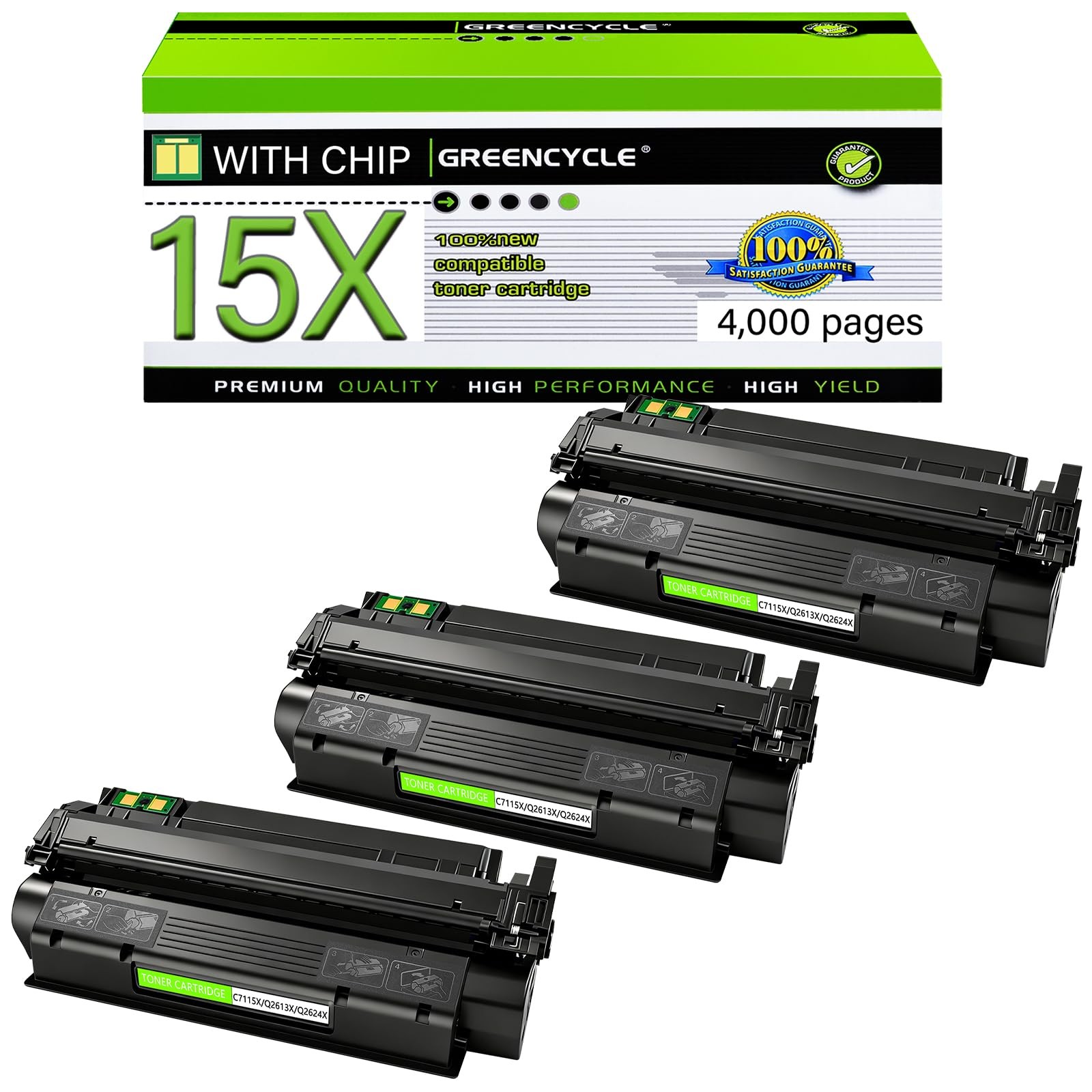 Greencycle 15X Toner Cartridge for HP C7115X Q2613X 1200 3380 3 Pack