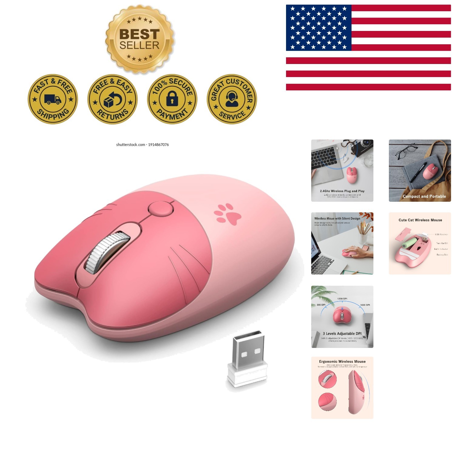 Charming Pink Cat Wireless Silent Mouse – Plug and Play for Laptops & PCs