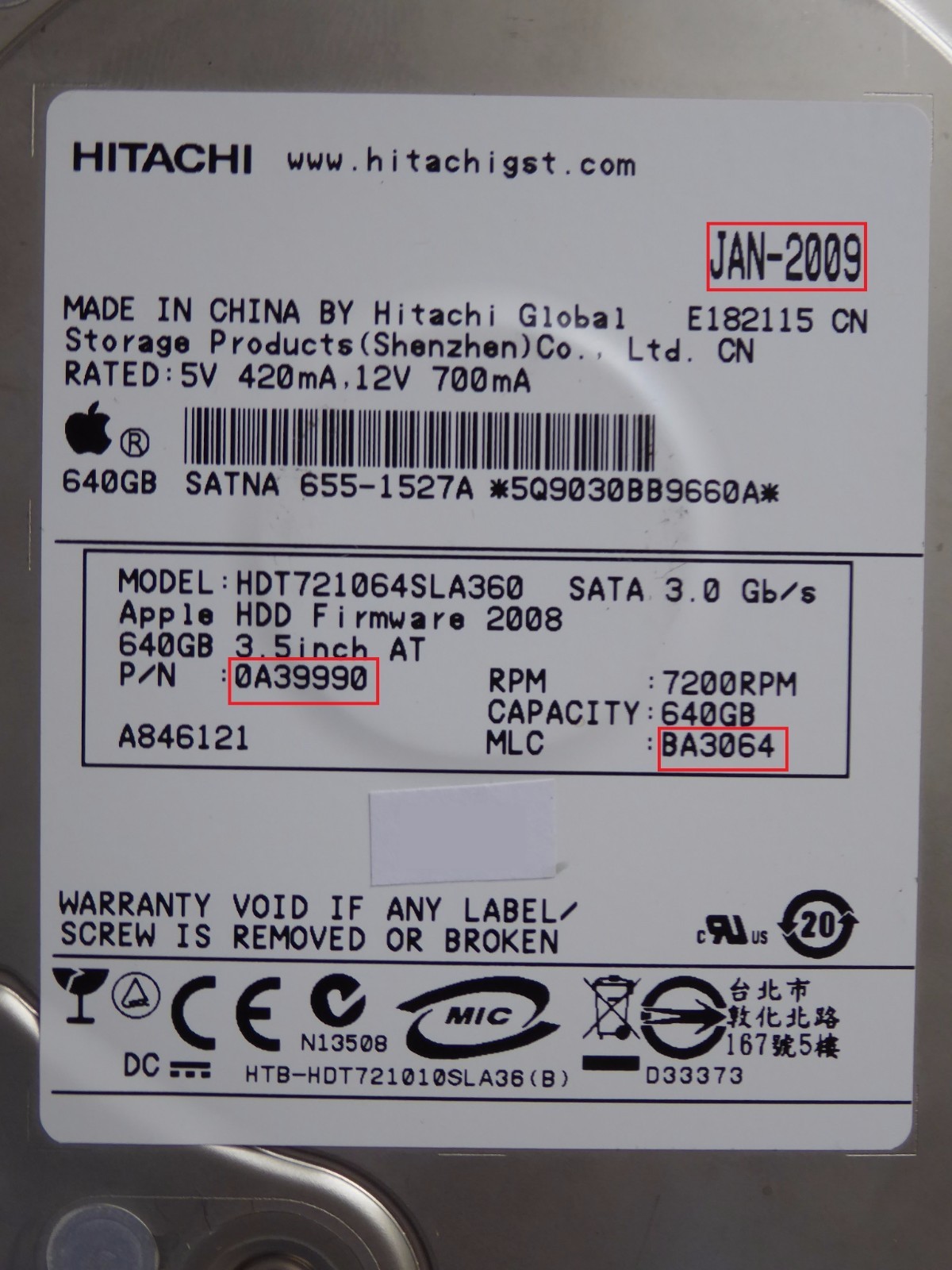640GB Hitachi HDT721064SLA360 | 0A39990 | MLC: BA3064 | JAN-2009 PCB OK #195-203