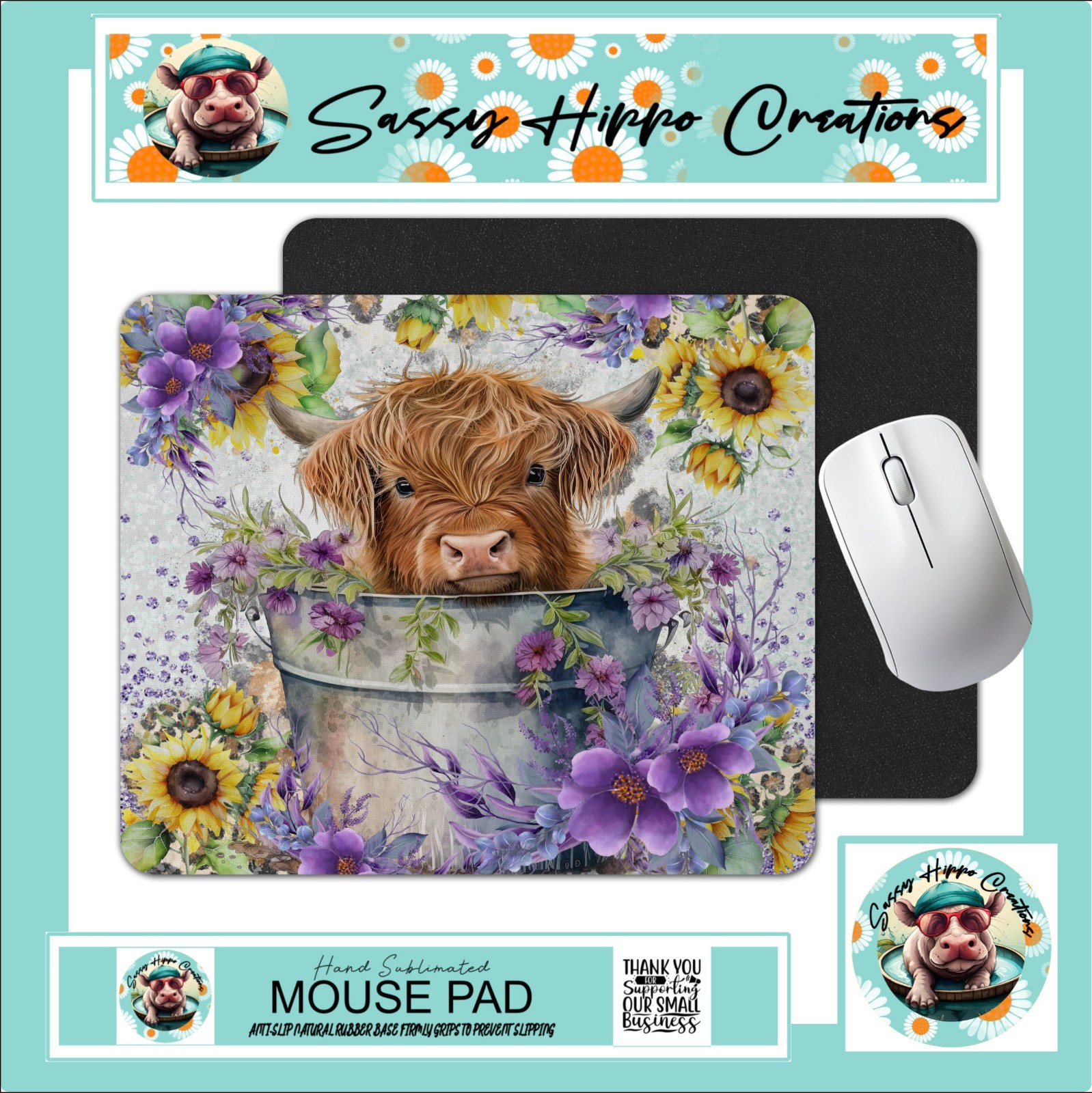Mouse Pad Baby Highland Cow Farmhouse Flower Anti Slip Back Easy Clean Sublimate
