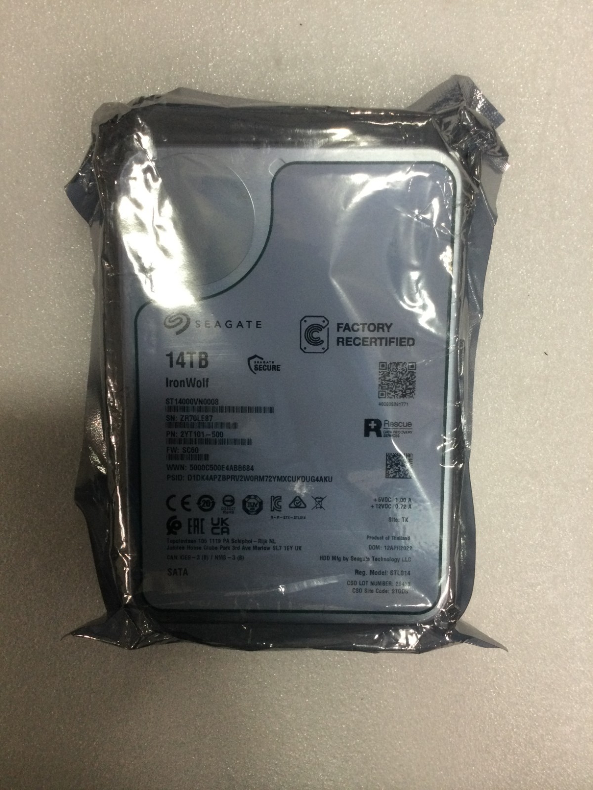 Seagate IronWolf | 14TB 256MBPS Cache | 3.5"| ST14000VN0008-Factory  Recertified