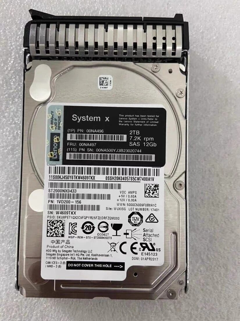 for Lenovo 2TB 00NA497 00NA496 00NA500 7.2K 12Gbps SAS 2.5" G3HS HARD DRIVE