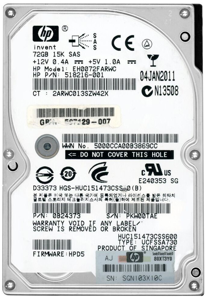 HARD DRIVE HP EH0072FARWC 518216-001 72GB 15000RPM 16MB CACHE SAS-2 2.5" inch