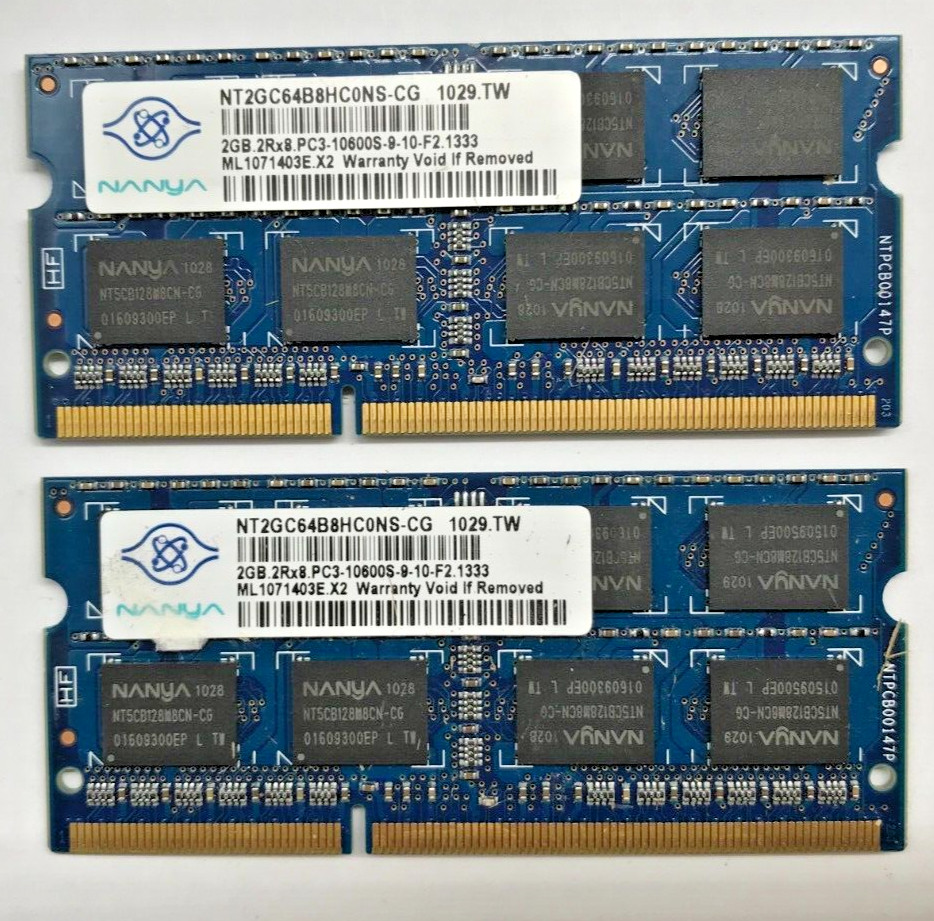 Nanya 4GB (2x2GB) DDR3 SODIMM NT2GC64B8HC0NS-CG PC3-10600S-9-10-F2.1333 #R2180