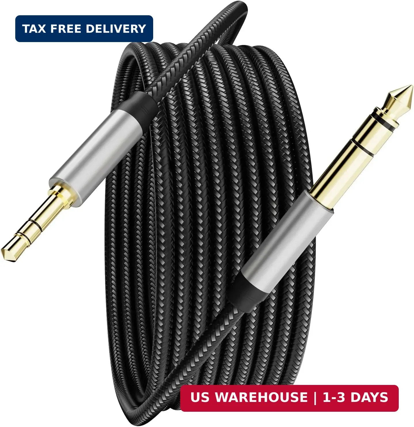3.5 mm to 6.35 mm Audio Cable 6Ft, Gold-Plated Terminal Silver Color Zinc Alloy