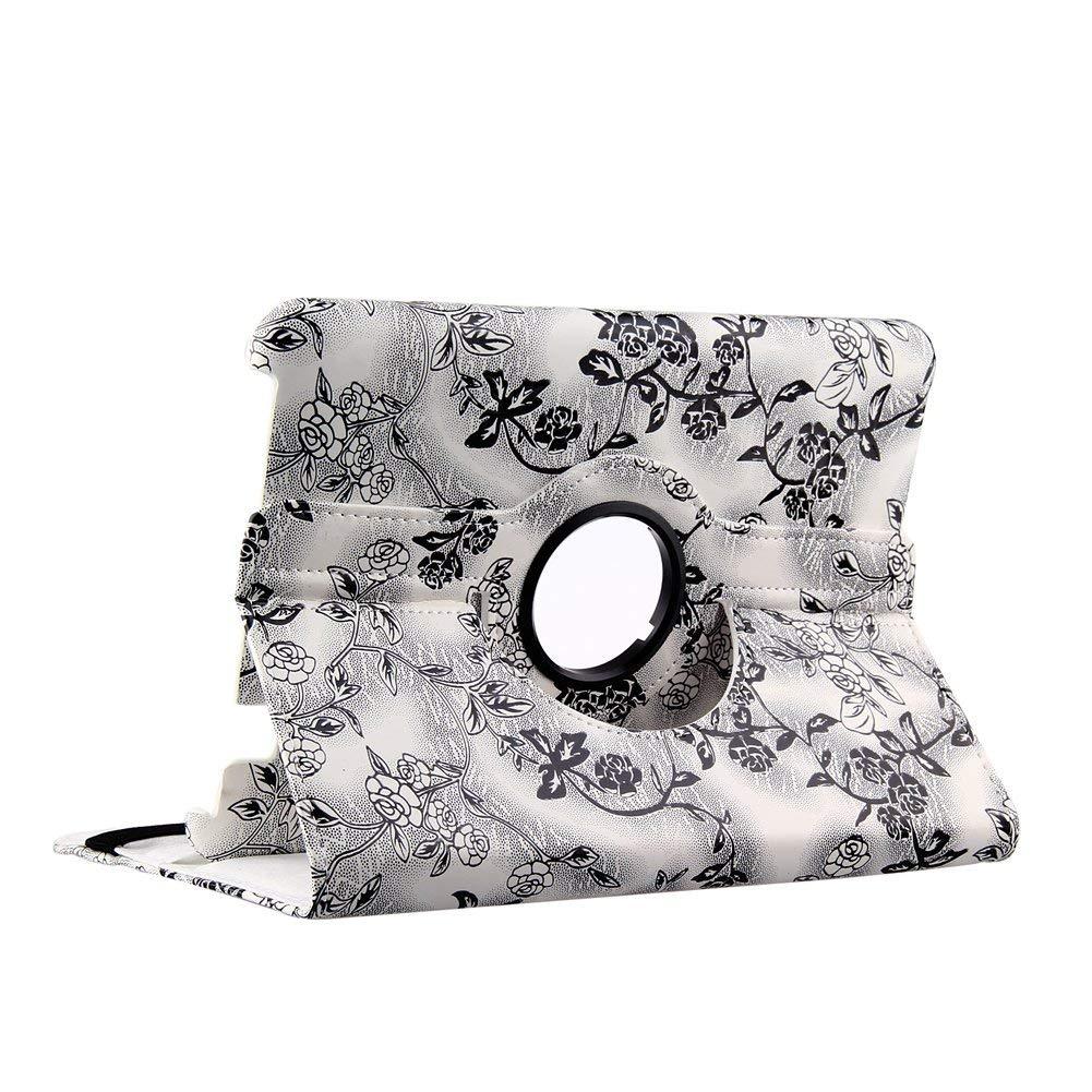 New 360 Degrees Rotating Stand (Black/White Flower) Luxury Case for iPad 2/3/4 