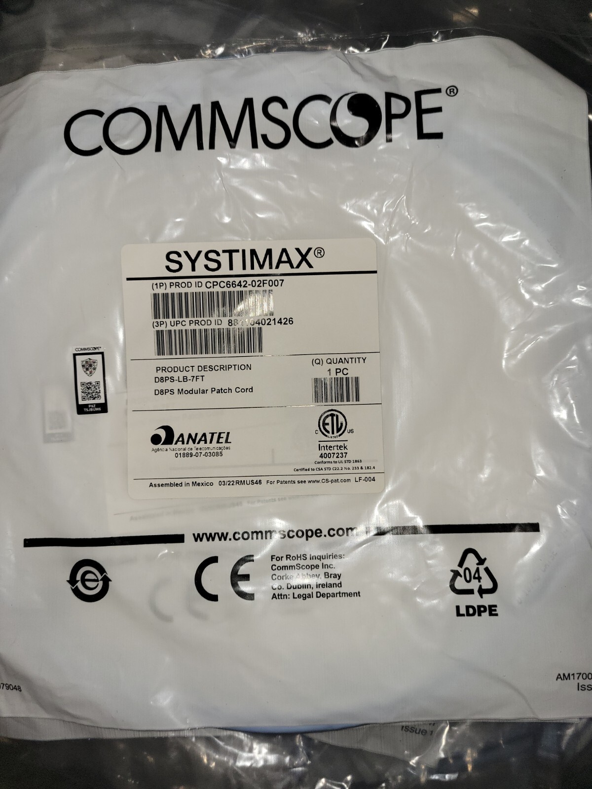 Systimax Commscope CPC6642-02F007 D8PS-BL7 CAT5E Patch Cords 7FT Blue
