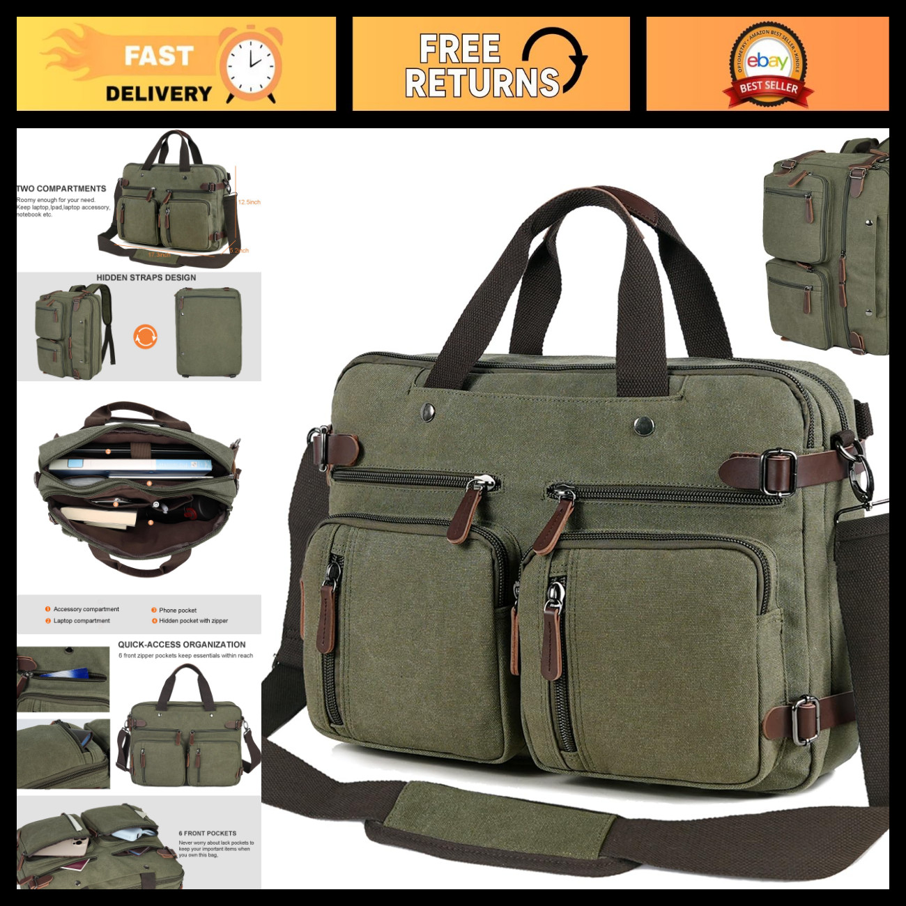 3-in-1 Convertible Laptop Bag 17.3" Messenger Briefcase Shoulder Bag for Work Tr