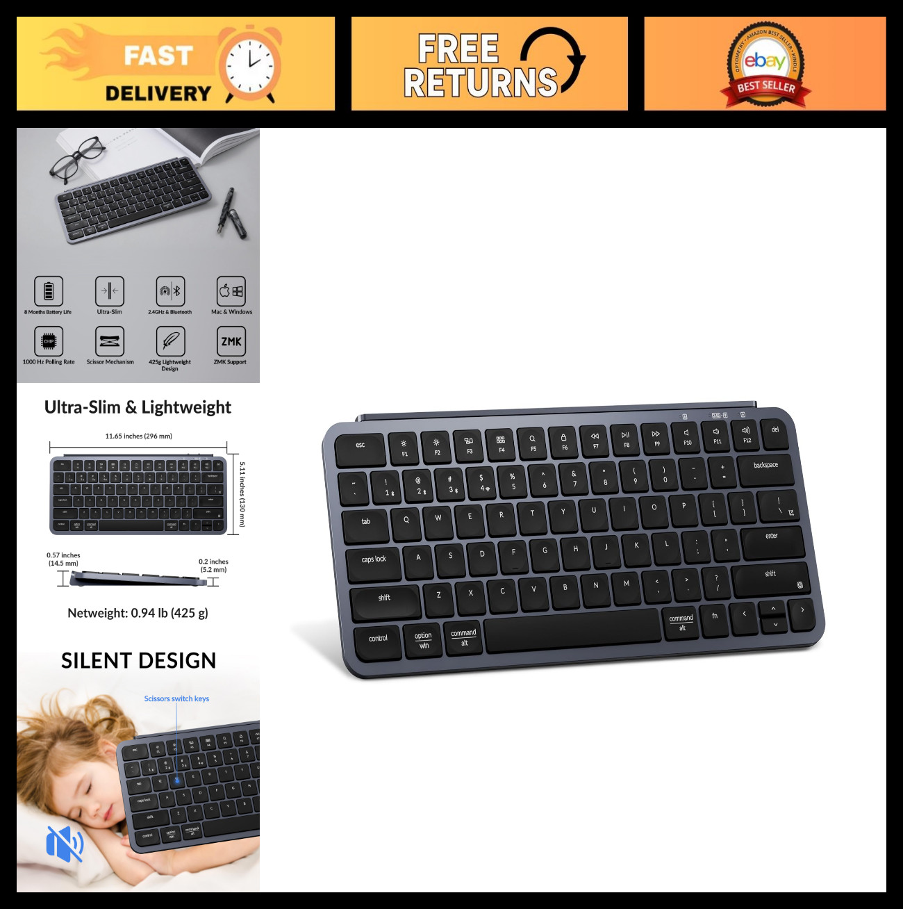 Ultra-Slim Wireless Keyboard, Programmable Bluetooth/Wired, 1200Hr Battery, Sile