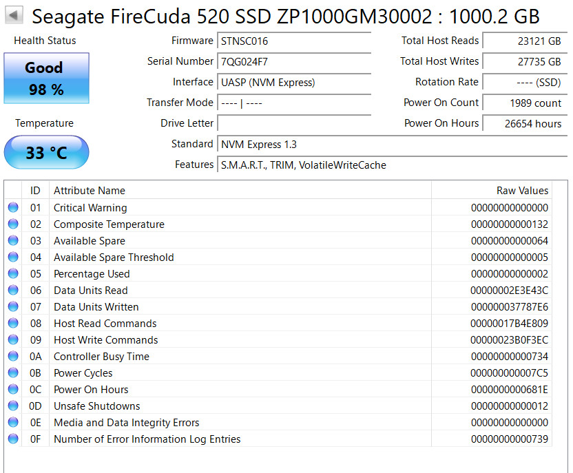 Seagate FireCuda 520 1TB NVMe m.2 2280 Gaming SSD 98% life remaining