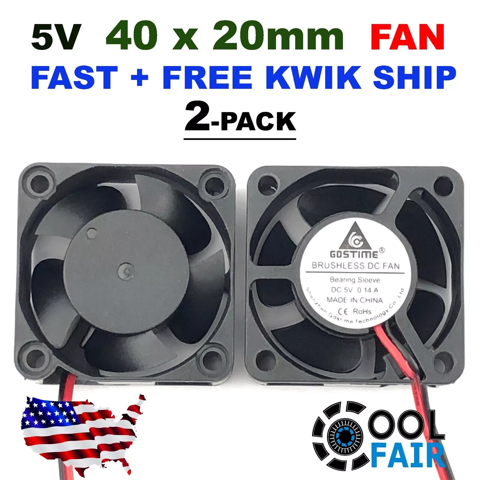 2 Pieces 5v 40mm DC Cooling Fan 40x40x20mm 4020 0.14A 2-Pin A41