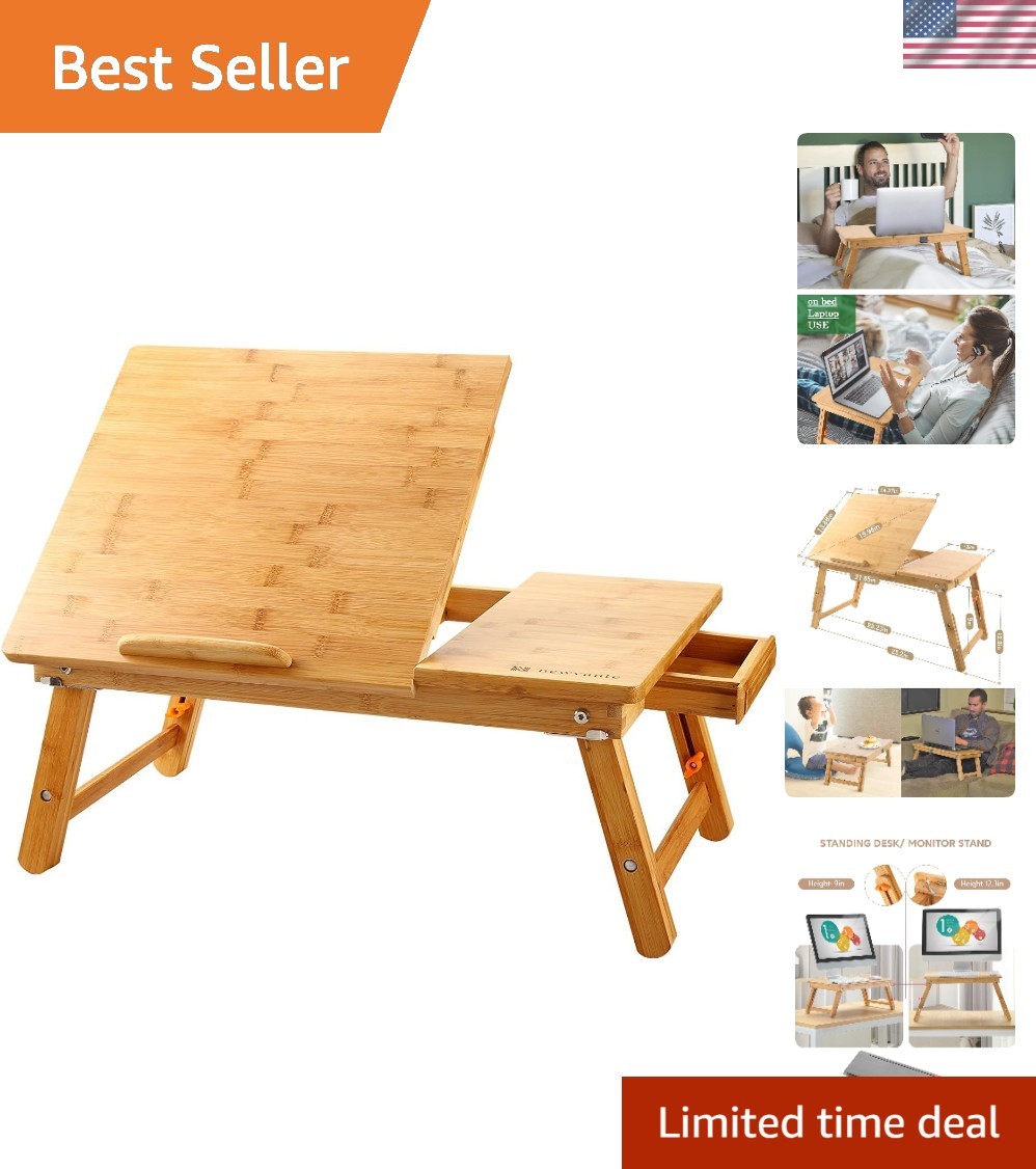 Bamboo Laptop Desk for Bed with Tilting Top, Drawer 21.6 x 13.8In | Adjustabl...
