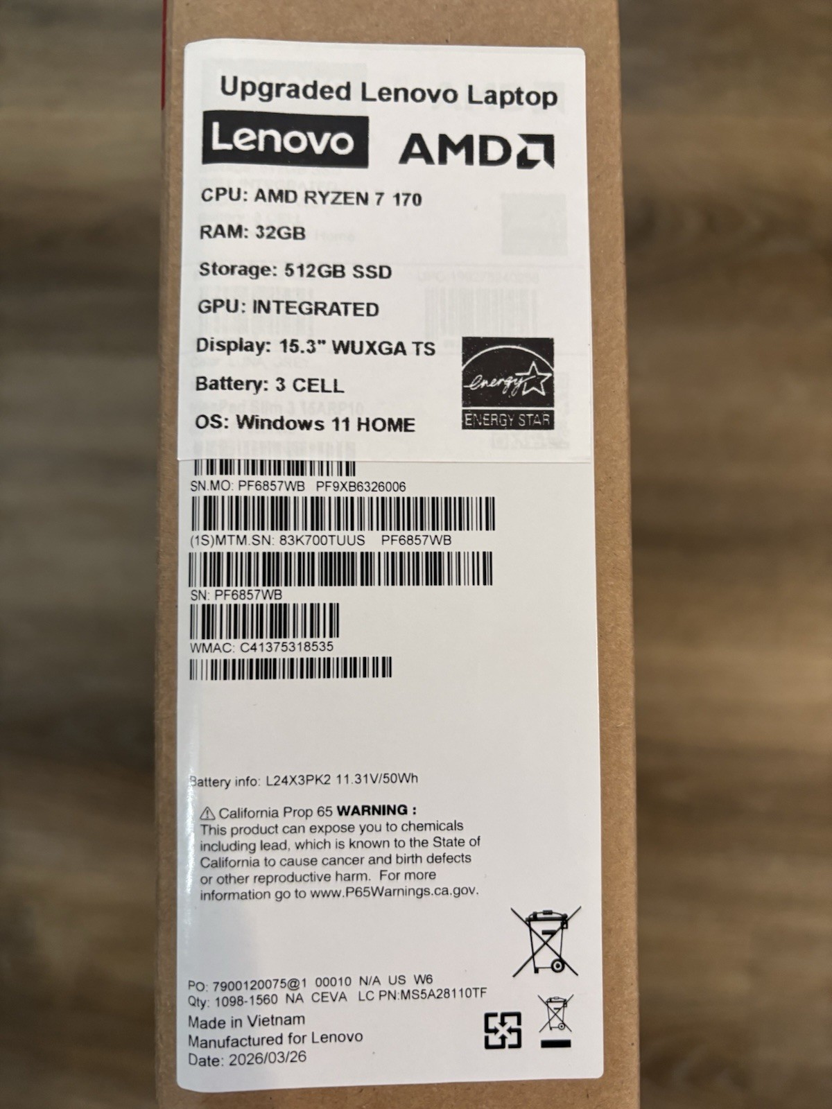 Lenovo PF6857WB 15.3" Laptop Ryzen 7 170 32GB RAM 512GB SSD Win 11