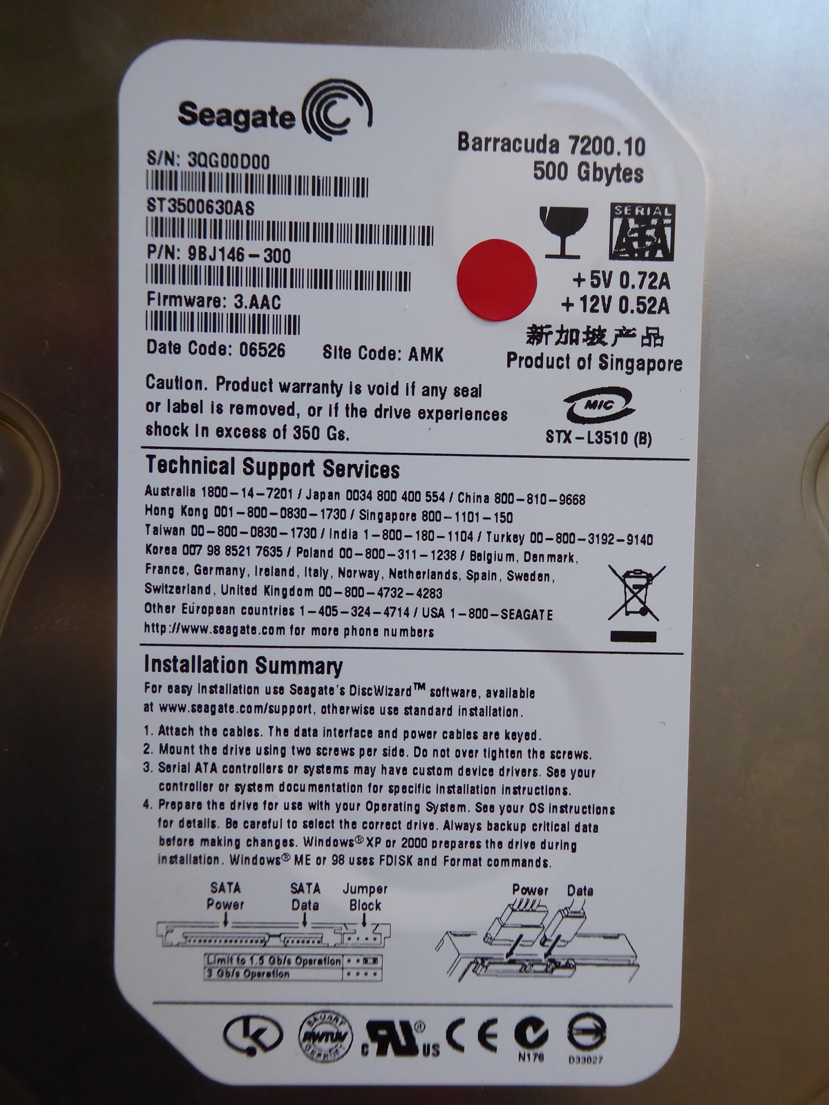 Seagate ST3500630AS | PN: 9BJ146-300 | FW: 3.AAC | AMK | 500GB