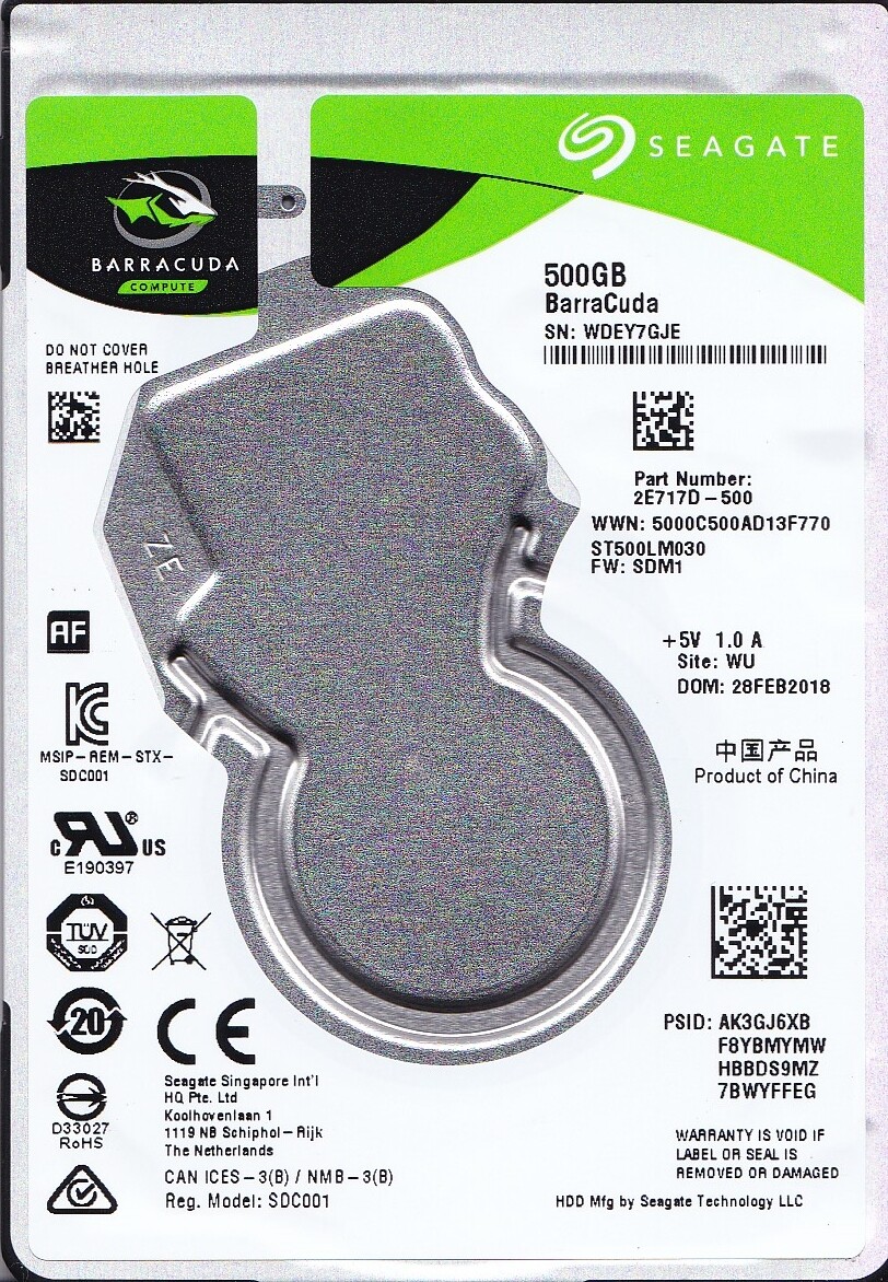 ST500LM030 pn: 2E717D-500 SDM1 sn: WDE WU FEB/2018 500GB SATA 2.5 B25-03