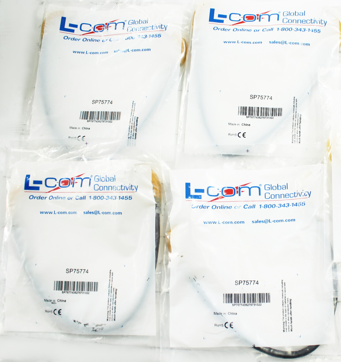 Lot of 4 L-Com Shielded Cat6 Right Angle Patch Cable, Down/Right Angle Up 1ft