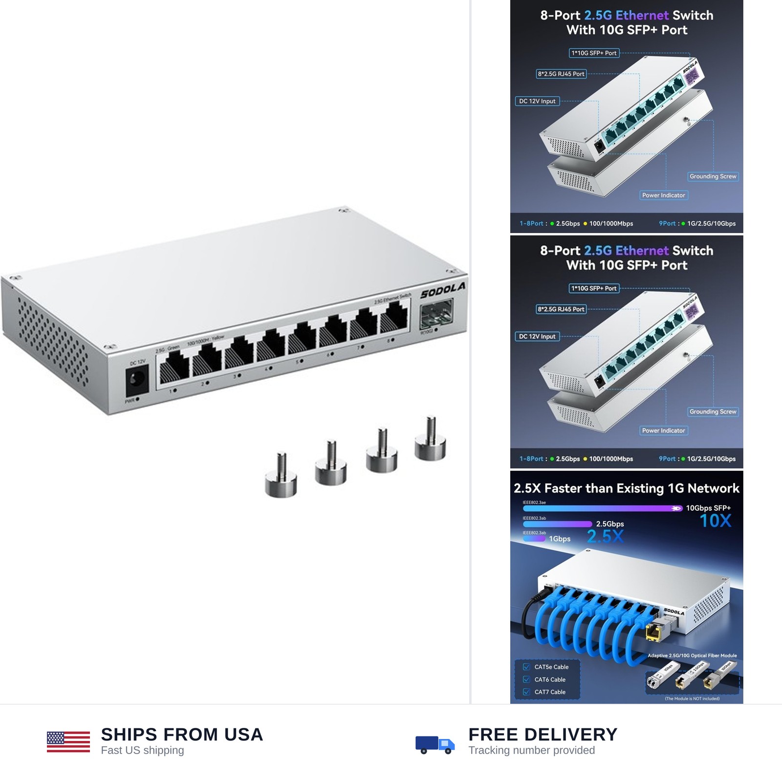 SODOLA 9-Port 2.5Gb Switch Unmanaged,8 x 2.5GBASE-T Ports,1X10G SFP+,Aluminum...