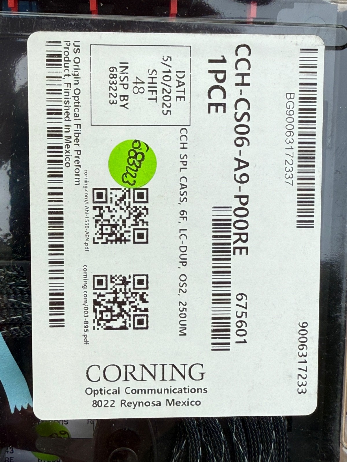 Corning CCH-CS06-A9-P00RE Pigtailed Splice Cassette  6 F, LC Duplex SM, OS2, UPC