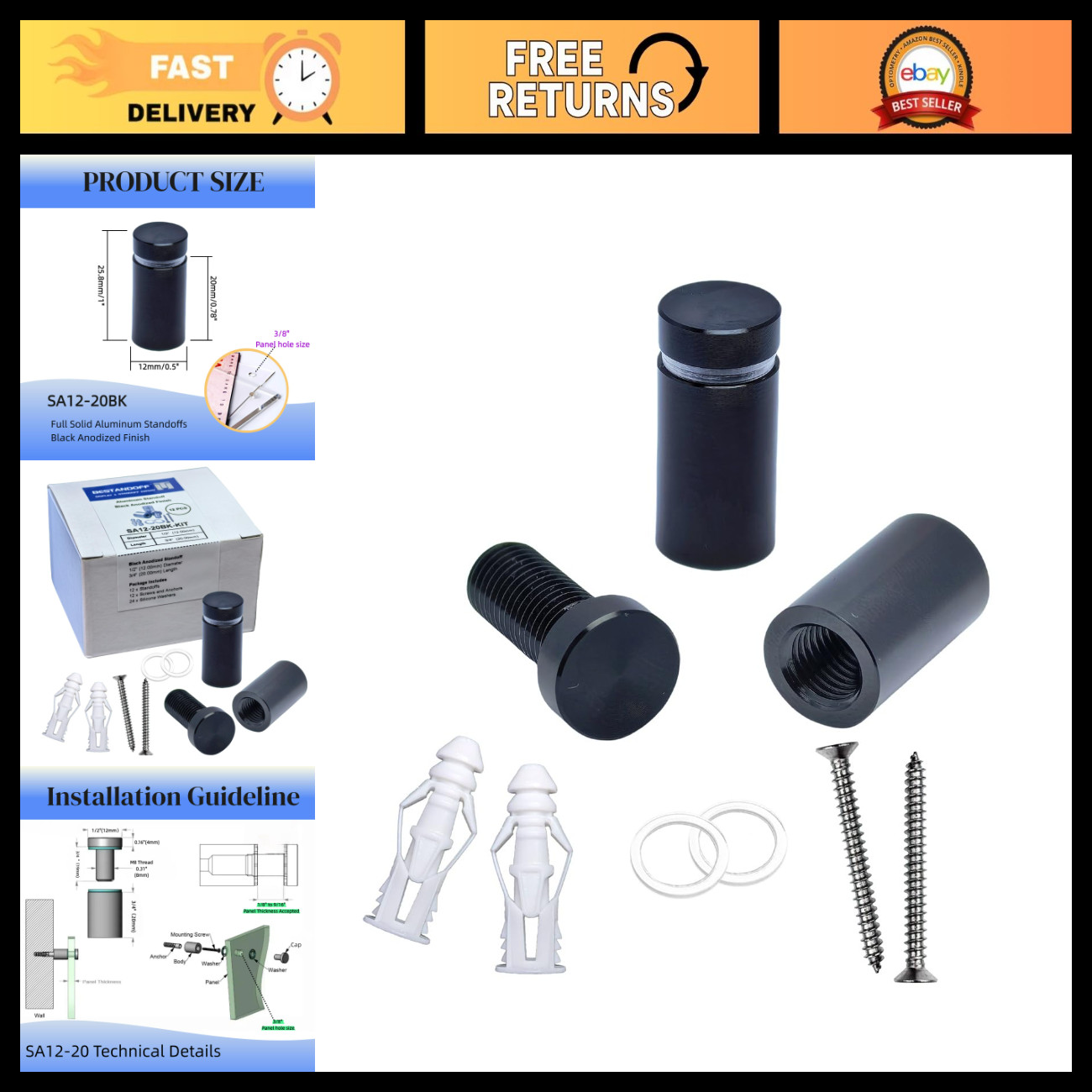 Black Aluminum Wall Mount Standoffs Screws 1/2" x 3/4" - 12 Pack for Signage