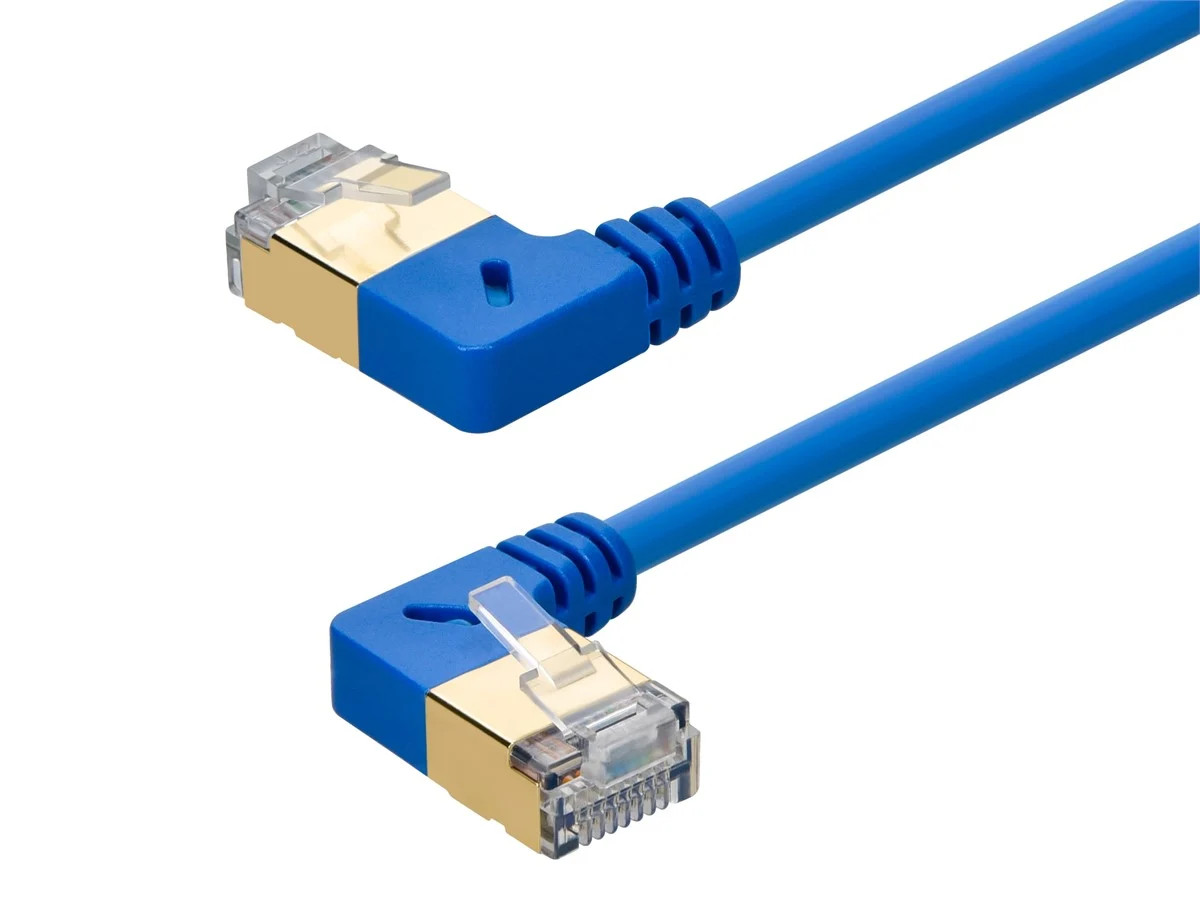 Monoprice SlimRun Cat6A 90 Degree 36AWG STP Ethernet Network Cable - 1ft - Blue