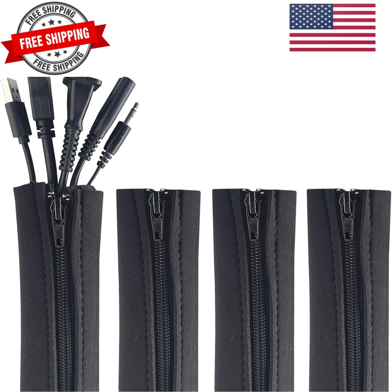 Zipper Cable Sleeve by - 24" x 4" 4-Pack Black - Cord Organizer and Cable Pro...