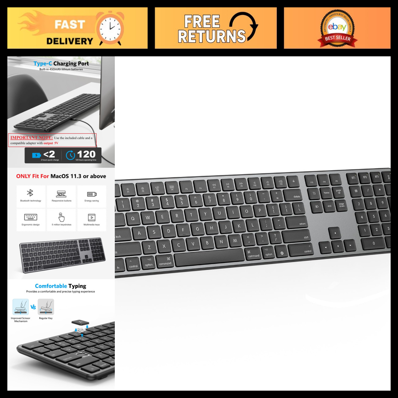 Full Size Rechargeable Bluetooth Keyboard for Mac, Numeric Keypad, Wireless, Sli