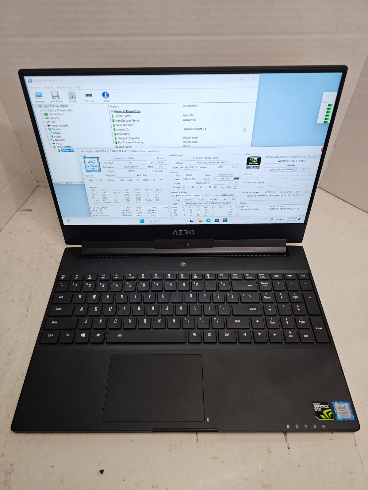 GIGABYTE AERO 15XV8 i7-8750H 16GB RAM 256GB SSD Win 11 GTX 1070 #04