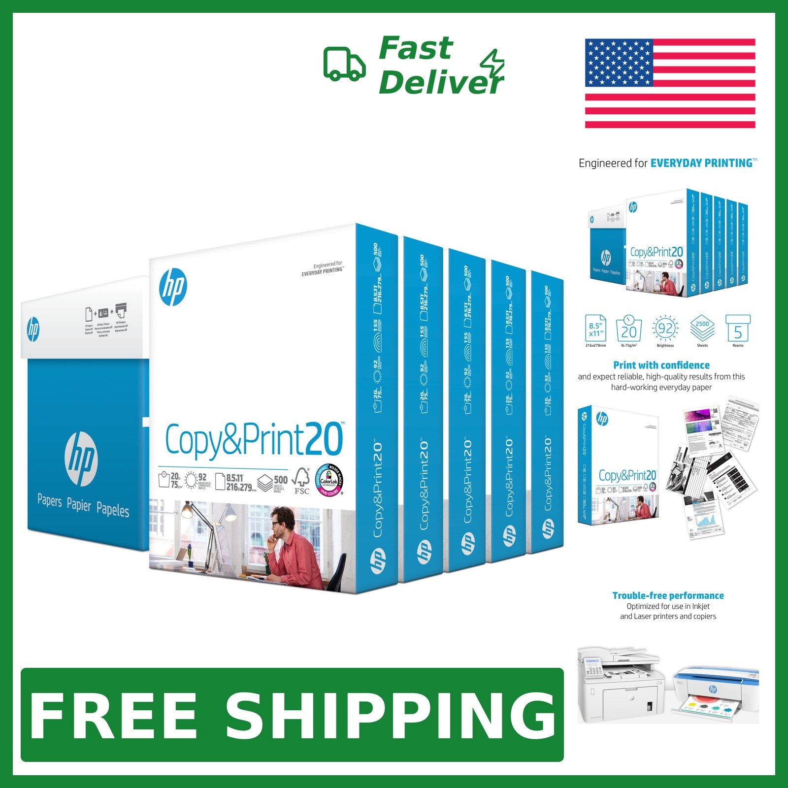 HP Papers Printer Paper 5 Pack 2500 Sheets 8.5x11