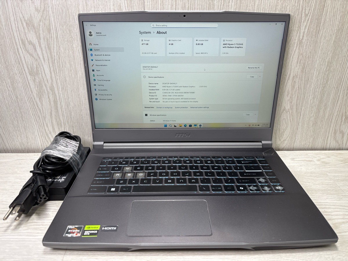 MSI Thin A15 B7UC-626US 15.6" Gaming Laptop Ryzen 5 RTX 3050 512GB (A1G014390)