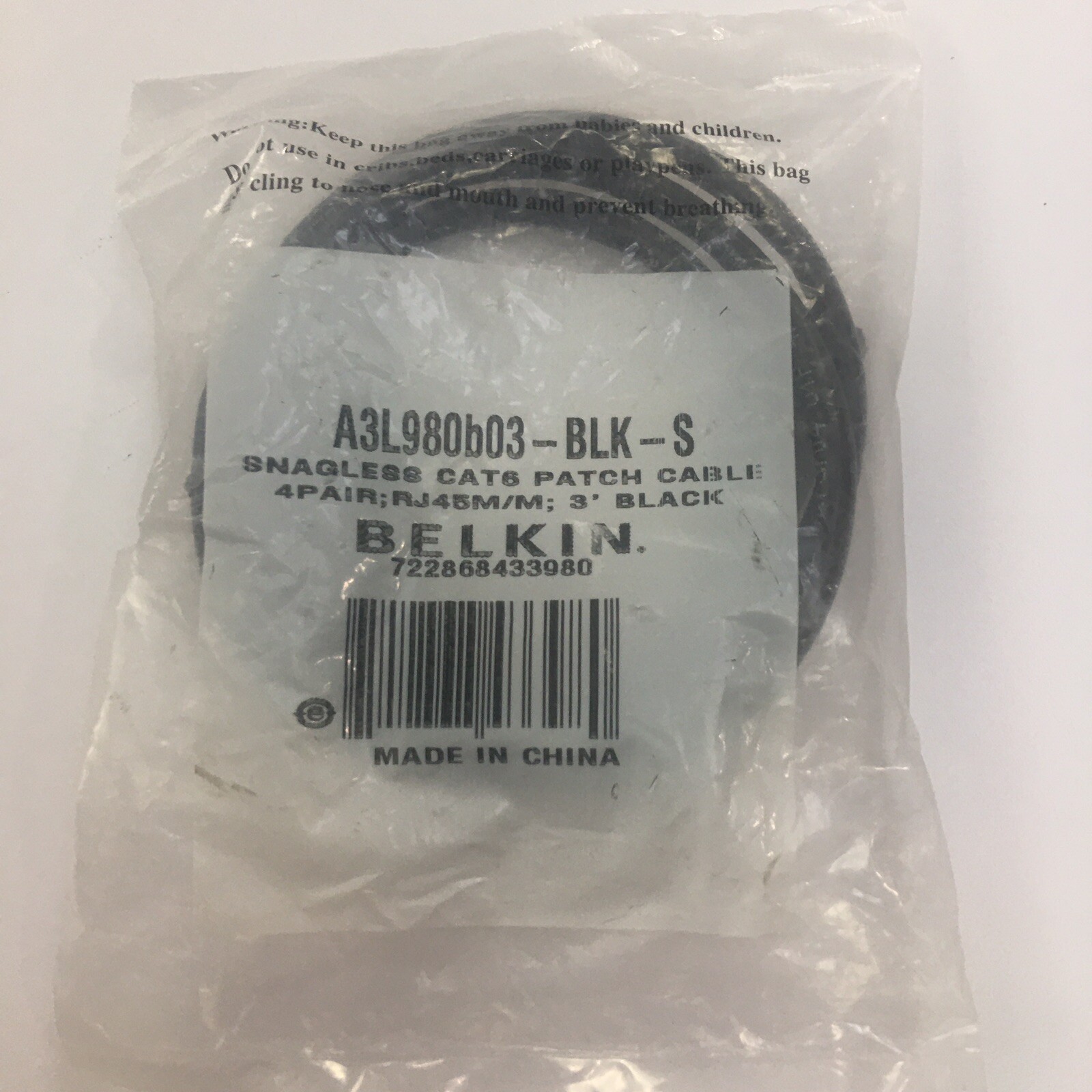 Belkin CAT6 Snagless Patch Cable 3' L Black A3L980B03BKS 0722868433980