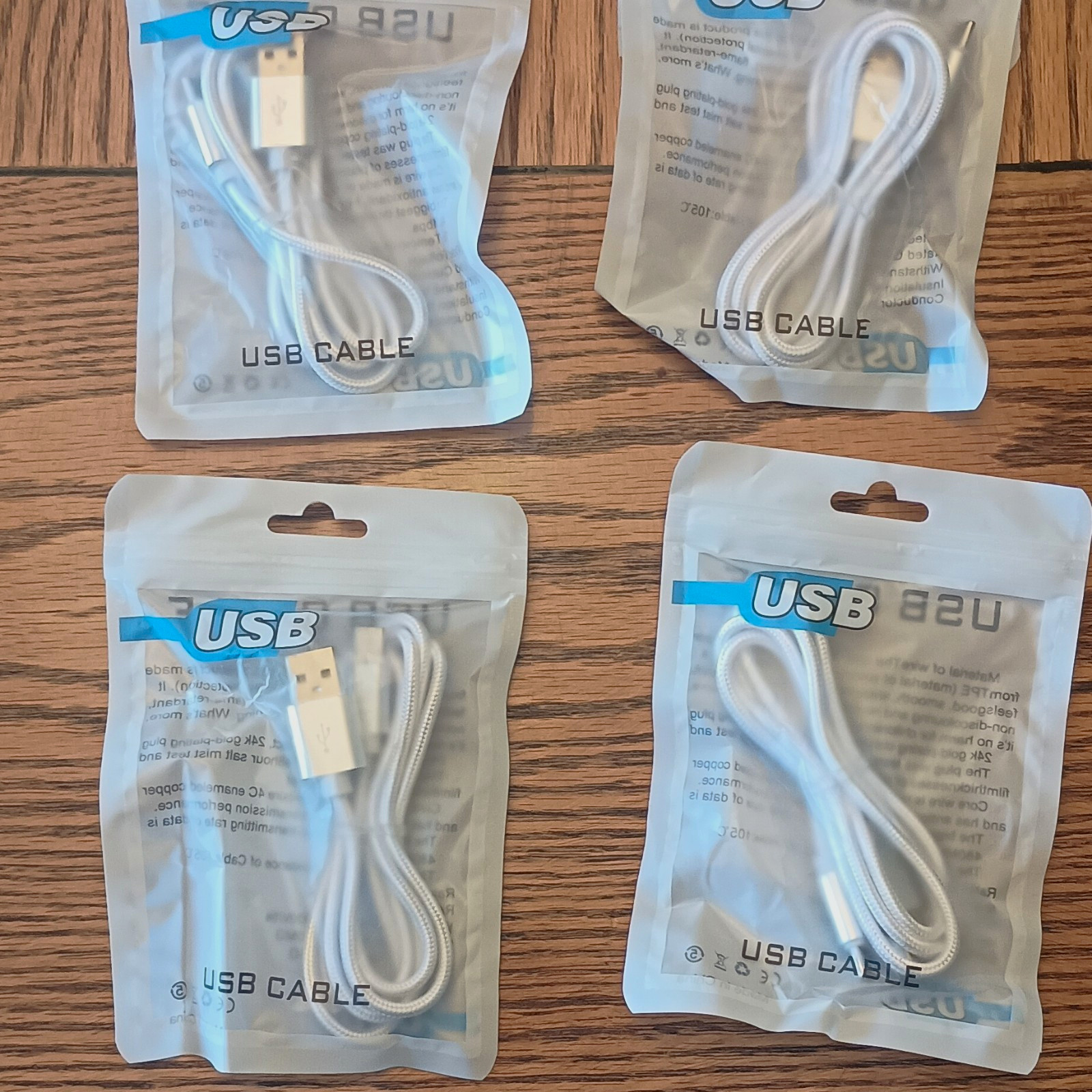 Lot of 4 White Braided USB-A to USB-C Cable, USB Type A Male to Type C, DC15V