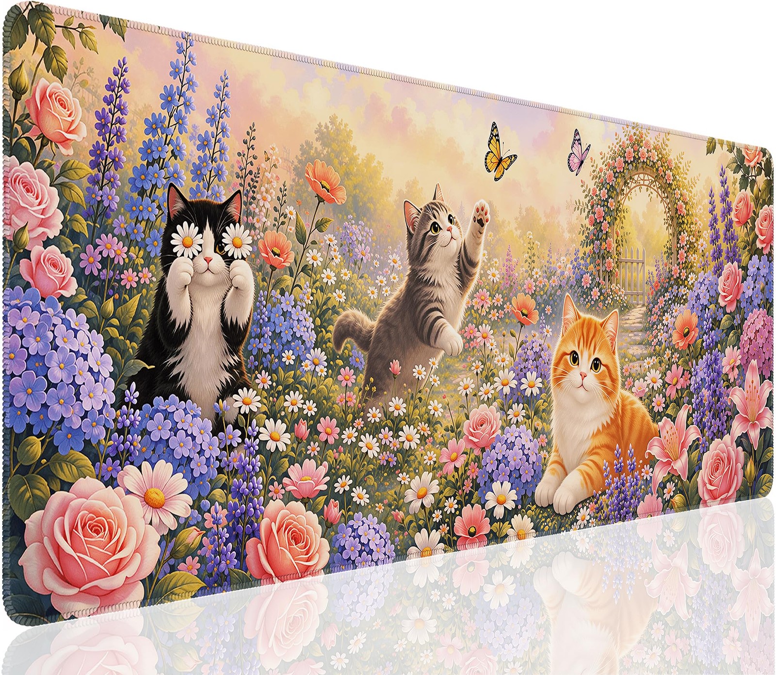 CFMSFKEJI Large Gaming Mouse Pad, Garden Flowers Cats, Size 31.5L x 11.8W