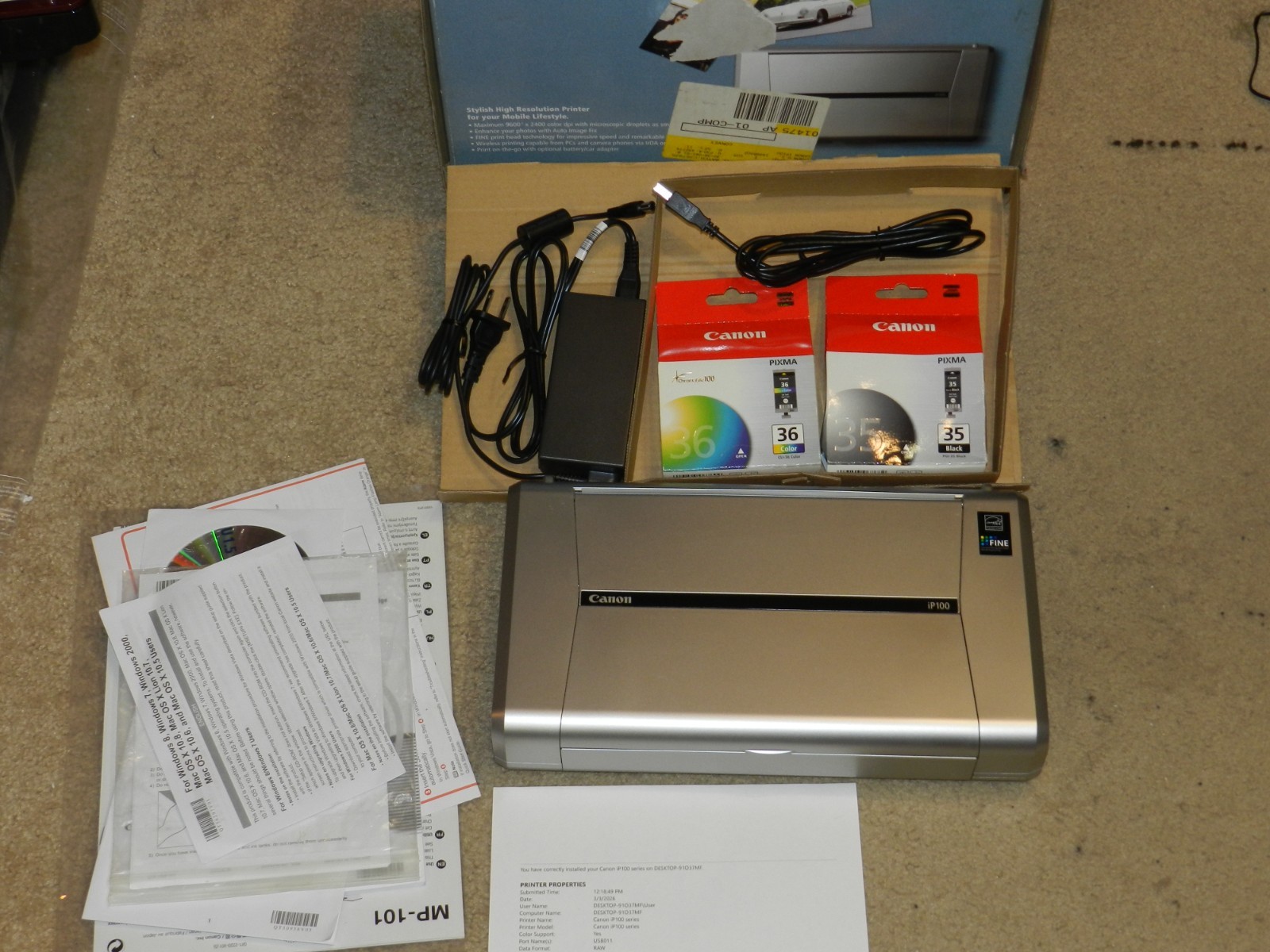 Canon PIXMA iP100 Inkjet Color Photo Printer 9600 DPI MINT COND.