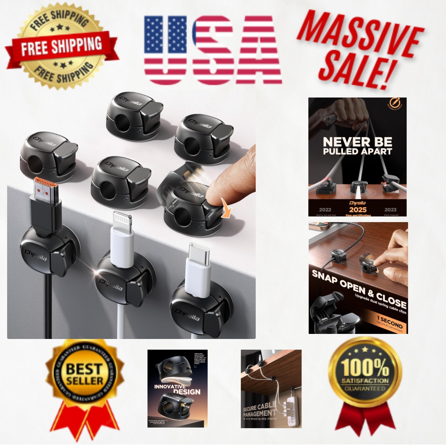 Innovative Snap-Open Cord Clips - 8-Pack for Effortless Cable Management