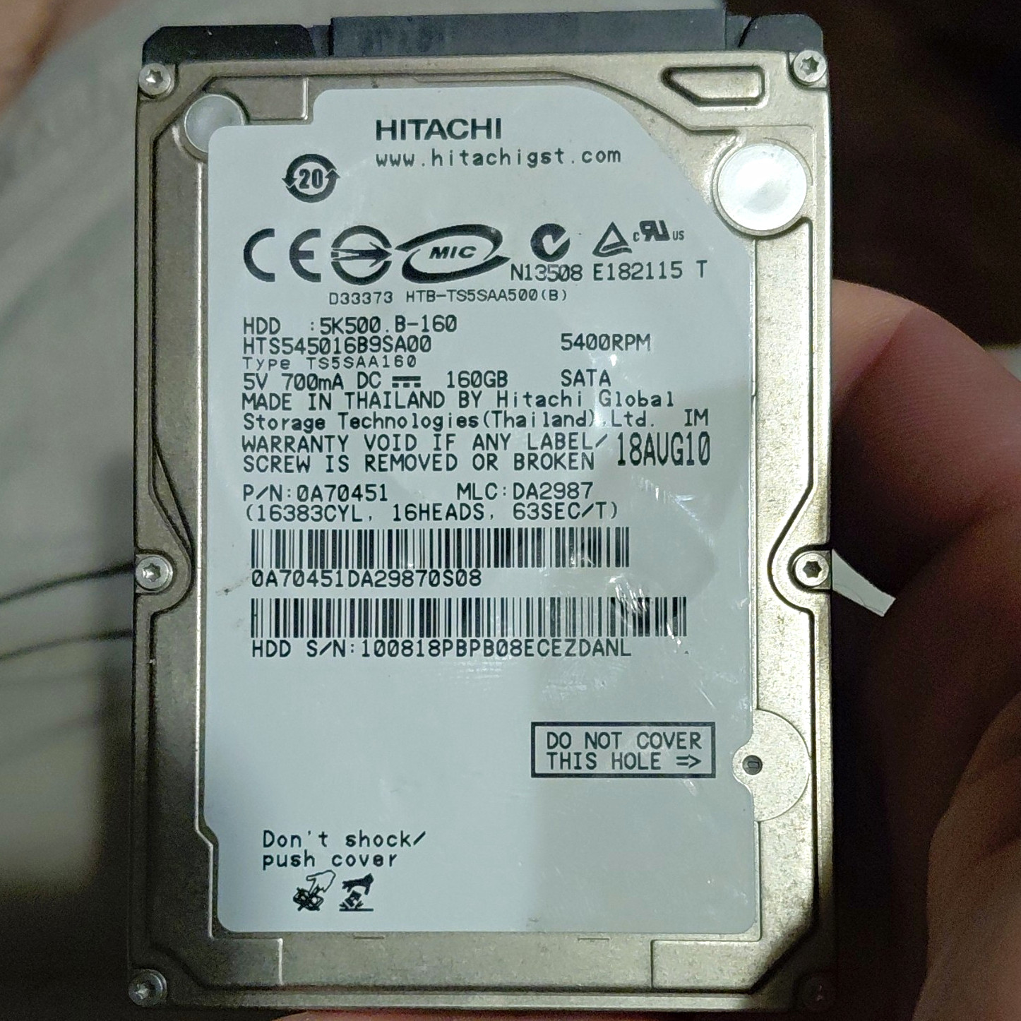Hitachi Travelstar 160GB 2.5" SATA 5400RPM 8MB Shock Resistant HTS545016B9SA00