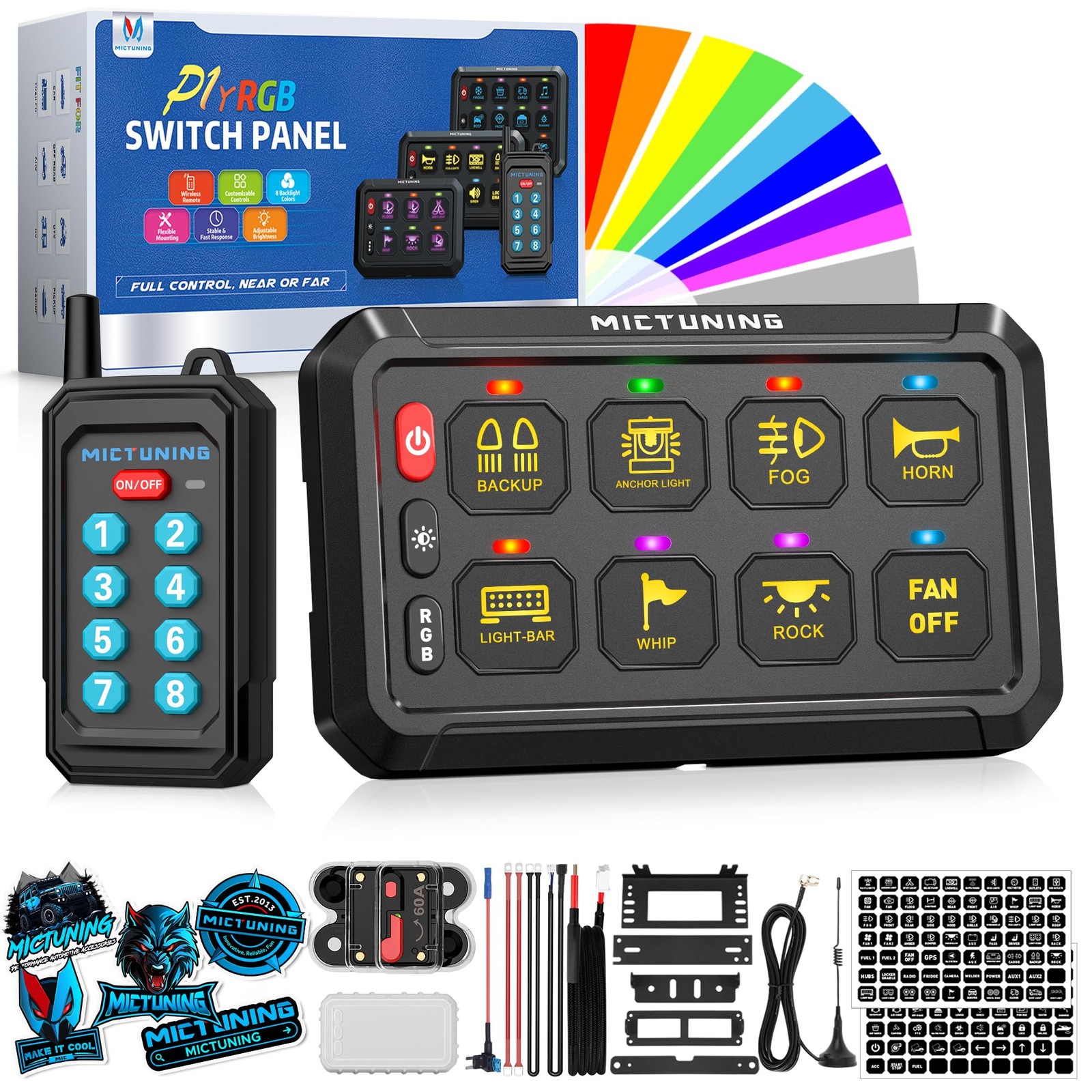 MICTUNING 8 Gang Switch Panel RGB Dual-Control RF Remote 230FT