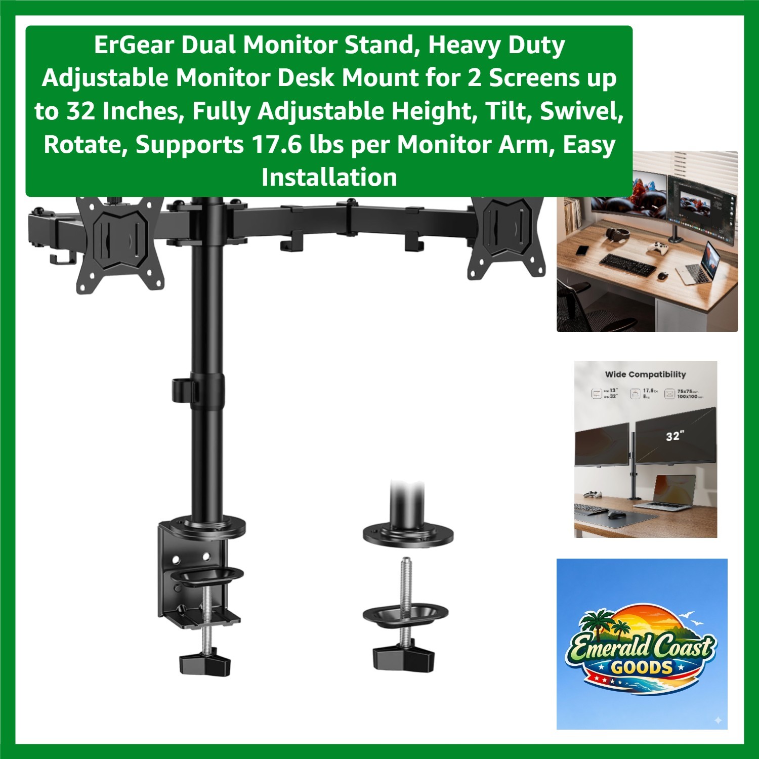 Versatile Dual Monitor Mount Up to 32 Inches with Cable Management, Easy Setup